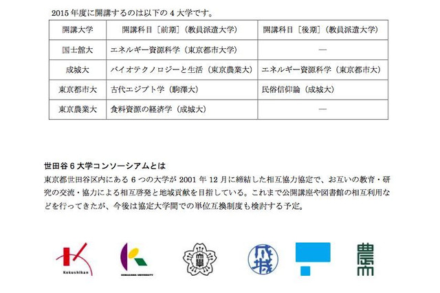 世田谷6大学、平成27年度から相互に教員派遣して授業を担当 画像