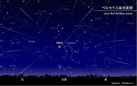 ペルセウス座流星群 2016年8月14日0時頃の東京の空　（c） 国立天文台天文情報センター