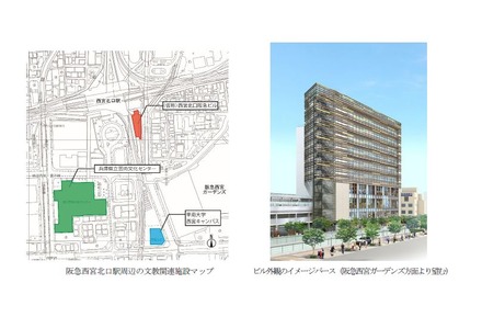 阪急西宮北口駅周辺の文教関連施設マップ（左）とビル外観のイメージパース（阪急西宮ガーデンズ方面より望む）（右）