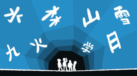 洞窟から脱出するために漢字の問題が刻まれた石板の謎を解く