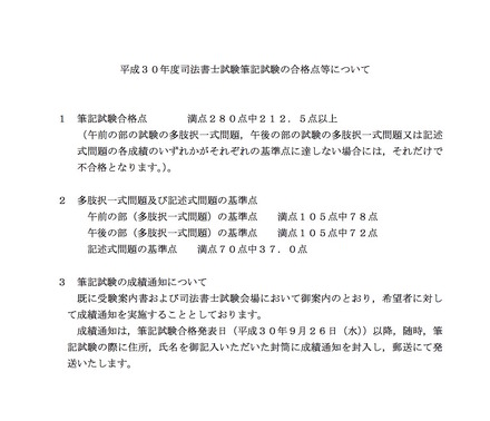 平成30年度司法書士試験筆記試験の合格点等について