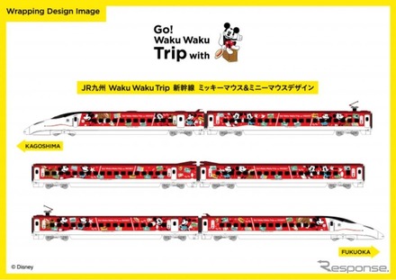 赤をベースにした「JR九州 Waku Waku Trip 新幹線」第2弾のイメージ。「ミッキーとミニーが、一緒にわくわくの旅に出かける様子や、2人が巡った九州各県のスポットの写真」をデザインしたという。