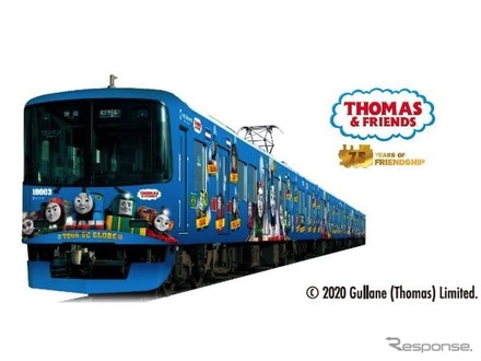 「京阪電車きかんしゃトーマス号2020」のラッピングイメージ。10000系にフルラッピングされる。12月31日までは記念のヘッドマークを掲出する予定。