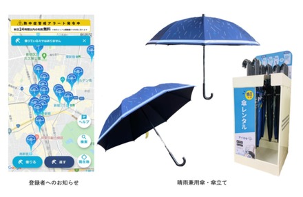 （左）登録者へのお知らせ、（右）晴雨兼用傘・傘立て（画像はイメージ）