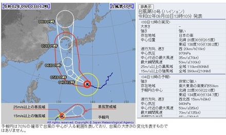 台風経路図（2020年9月3日12時）