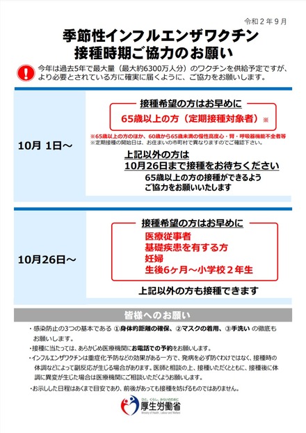 季節性インフルエンザワクチン接種時期ご協力のお願い