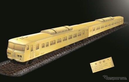 純金製の185系モデル2両と東京駅の入場券。モデルは高さ20・長さ130・幅25mmで、重量は200g。入場券は縦26・横58・厚さ0.5mmで、重量は14g。レールは付属しない。