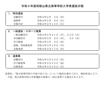 2022年度和歌山県立高等学校入学者選抜日程