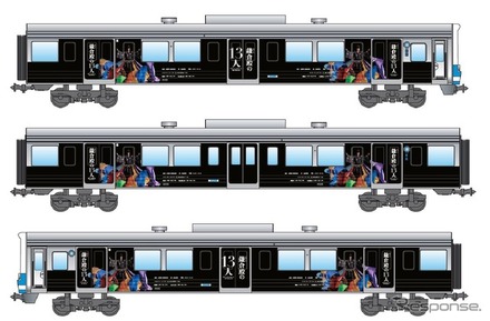 黒をベースに義時役の小栗旬を中心に据えたNHK制作のビジュアルイメージをそのままラッピングした『鎌倉殿の13人』ラッピング電車。