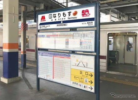成増駅ホームの「なりもす」看板。正式な読みは下に小さく入っている。