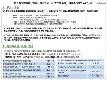 「都立新国際高校（仮称）開校に向けた専門家会議」議論のとりまとめ（概要版）