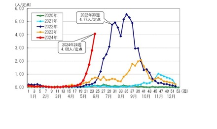 東京都における定点あたり患者報告数（手足口病）（過去5シーズン）：東京都感染症発生動向調査より