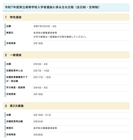 令和7年度 沖縄県立高等学校入学者選抜に係るおもな日程（全日制・定時制）