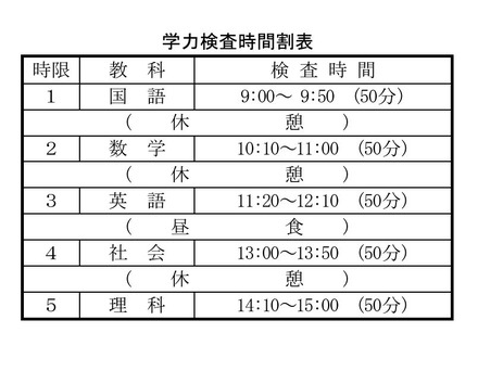 学力検査時間割表