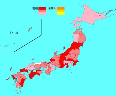 インフルエンザ流行レベルマップ2025年第4週（1月20日～1月26日）※警報レベル超えの保健所がある都道府県は赤色3段階で表示