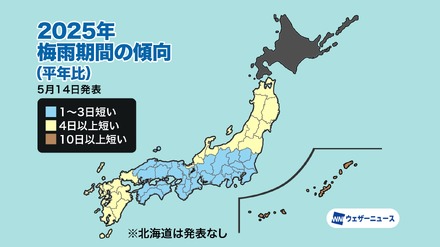 2025年梅雨期間の傾向（平年比）