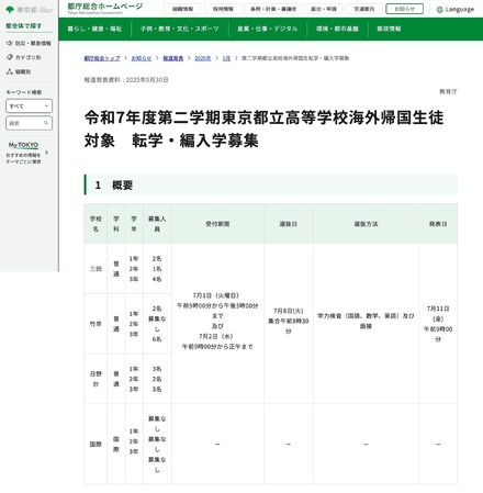 令和7年度 第2学期都立高校海外帰国生徒対象 転学・編入学募集