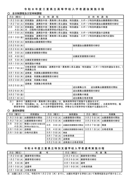 令和8年度三重県立高等学校入学者選抜実施日程