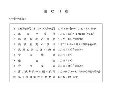 おもな日程＜一般の選抜＞