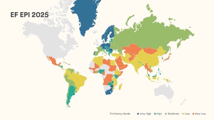 EFEPI英語能力指数を示す世界地図（青が非常に高い、緑が高い、黄緑が標準的、黄色が低い、オレンジが非常に低い）