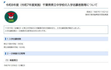 令和8年度（令和7年度実施）千葉県県立中学校の入学志願者数等について