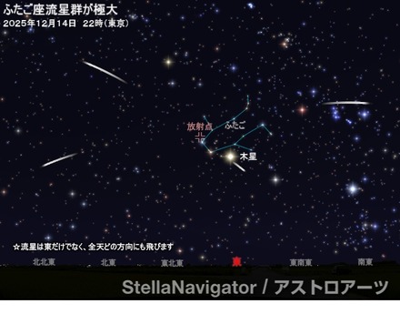 2025年12月14日午後10時（東京）のふたご座流星群のシミュレーション (c) アストロアーツ