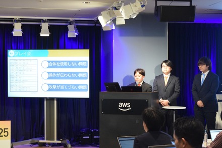 国際情報工科自動車大学校（WiZ）のゲーム開発科3年生チームのプレゼンのようす