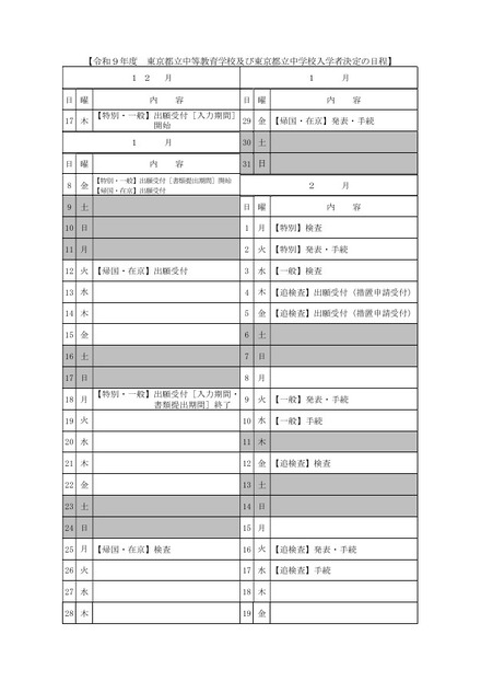 令和9年度東京都立中等教育学校および東京都立中学校入学者決定の日程