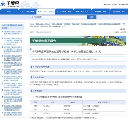 令和9年度 千葉県公立高等学校第1学年生徒募集定員について