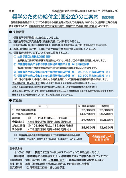 群馬県内の高等学校等に在学している高校生等の世帯向け（通常申請）