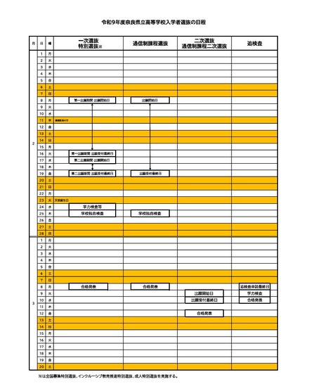 令和9年度奈良県立高等学校入学者選抜の日程