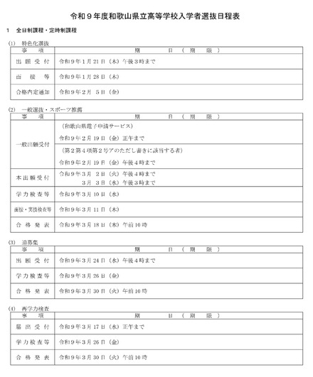 令和9年度和歌山県立高等学校入学者選抜日程表