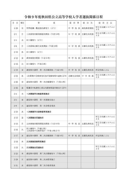 令和9年度秋田県公立高等学校入学者選抜関係日程