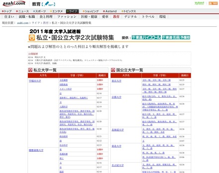 asahi.com2011年度大学入試速報
