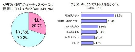 現在のキッチンスペースに満足していますか？／キッチンでストレスを感じること