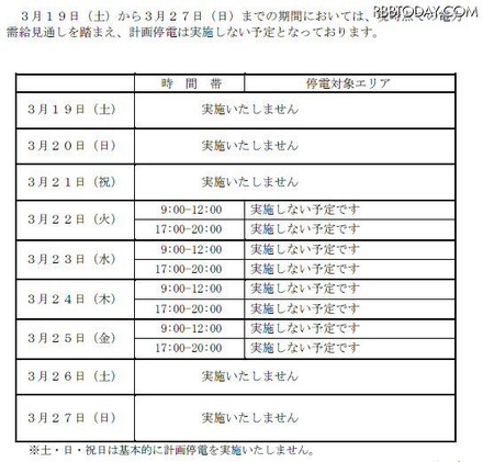 【地震】東北電力、19日から27日まで計画停電を実施しない予定 【地震】東北電力、19日から27日まで計画停電を実施しない予定