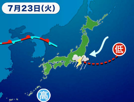7月23日、東京・世田谷区を中心に局地的な豪雨をもたらした際の天気図
