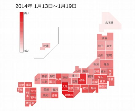「インフルエンザ」の各都道府県別検索分布（1月13日～19日）