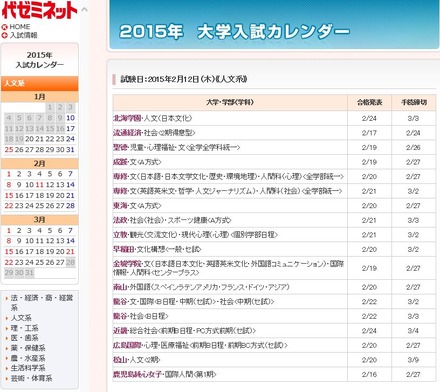 2015年大学入試カレンダー（一部）