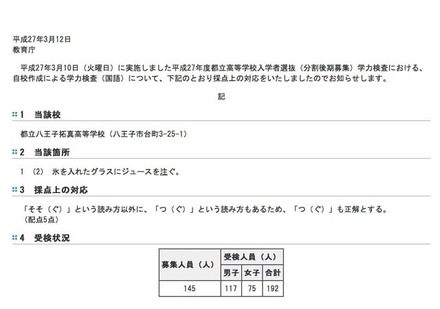 平成27年度都立高等学校入学者選抜（分割後期）学力検査（国語）の採点上の対応について