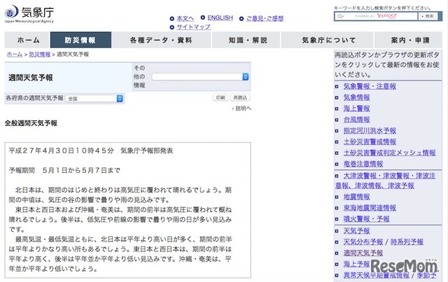 気象庁の週間天気予報