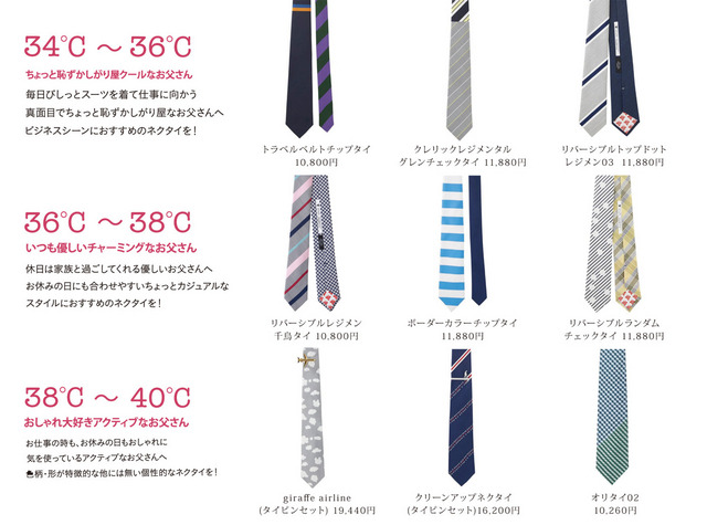 「giraffe(ジラフ)」では、お父さんの体温別にネクタイをラインナップ。