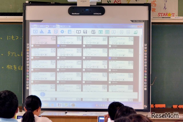 電子黒板に生徒が書いた内容を表示。必要な部分だけを切り出すことも可能だ