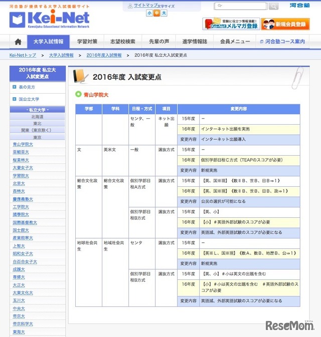 青山学院大学の入試変更点