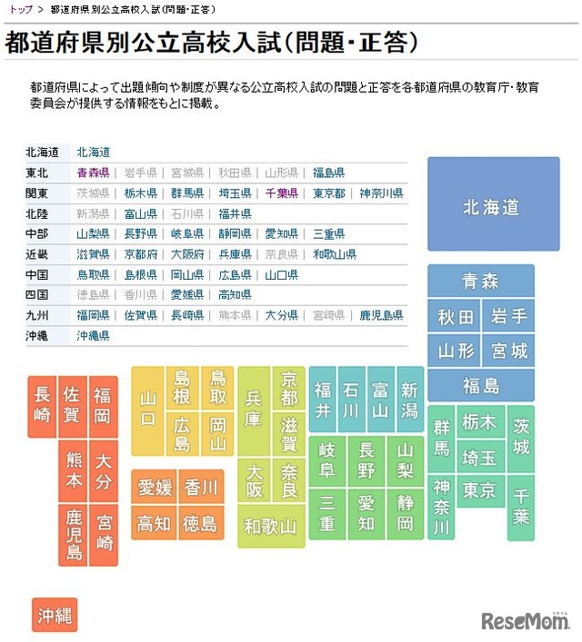 都道府県別公立高校入試（問題・正答）