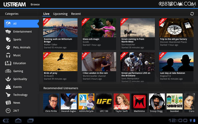 Android 3.0搭載タブレットでのUstream視聴画面 Android 3.0搭載タブレットでのUstream視聴画面