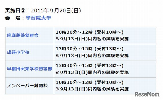 20日の実施校と試験時間