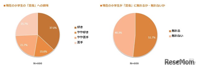 「現在の小学生の昆虫への興味」「現在の小学生が昆虫に触れるか触れないか」