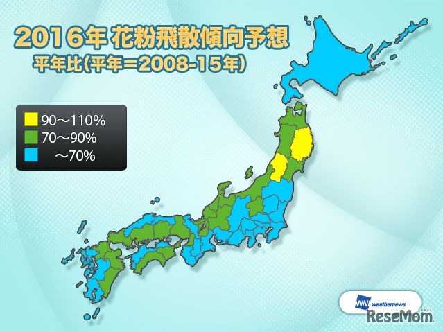 2016年花粉飛散傾向予想（平年比）