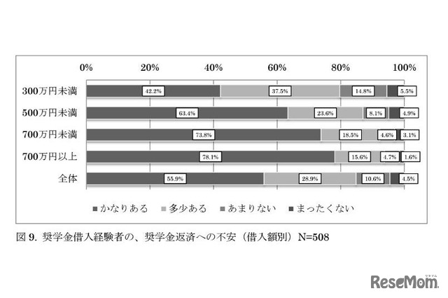 奨学金借入経験者の、奨学金返済への不安（借入額別）